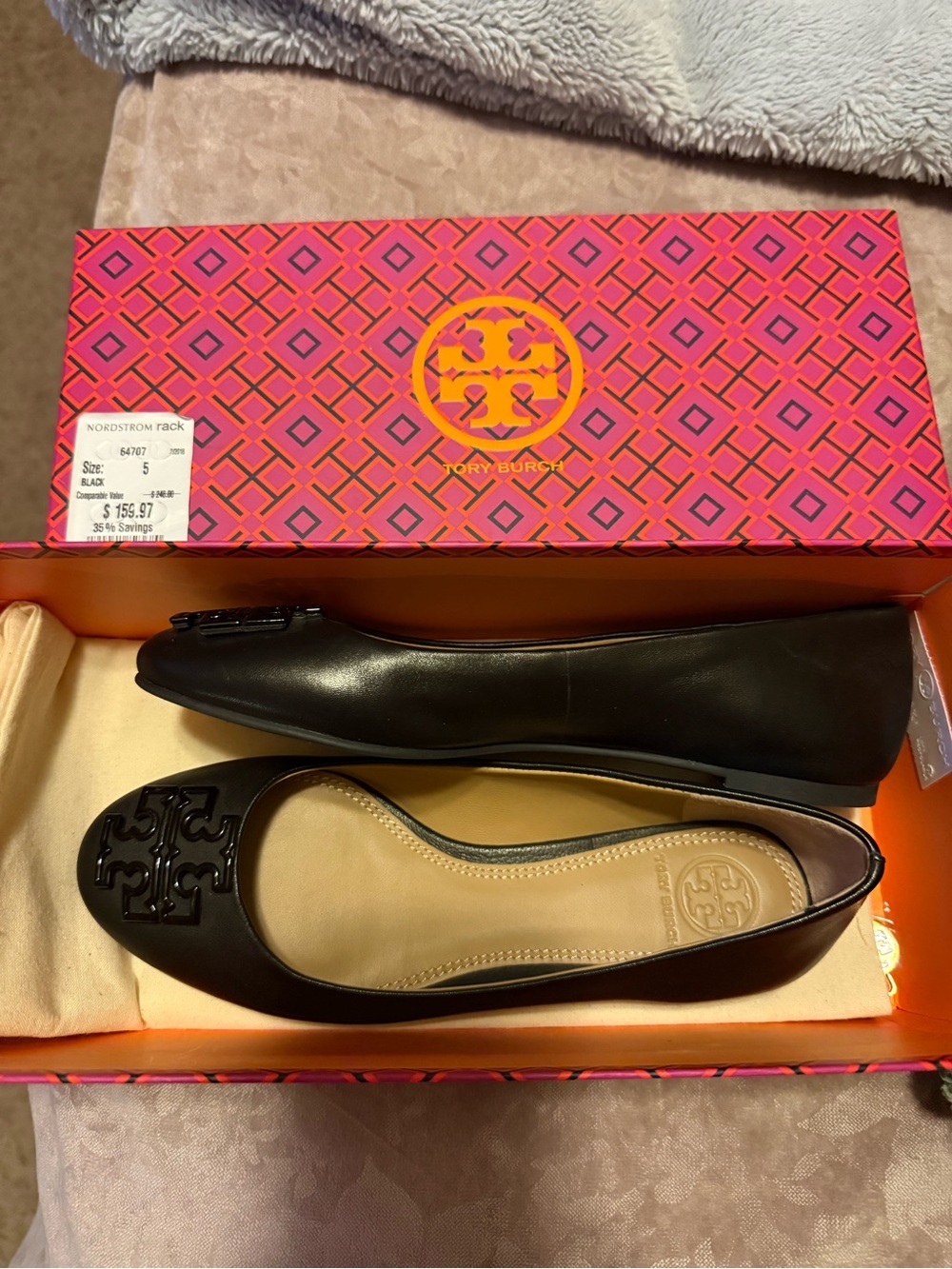 Tory Burch Black Leather Logo Cap-Toe Ballet Flats